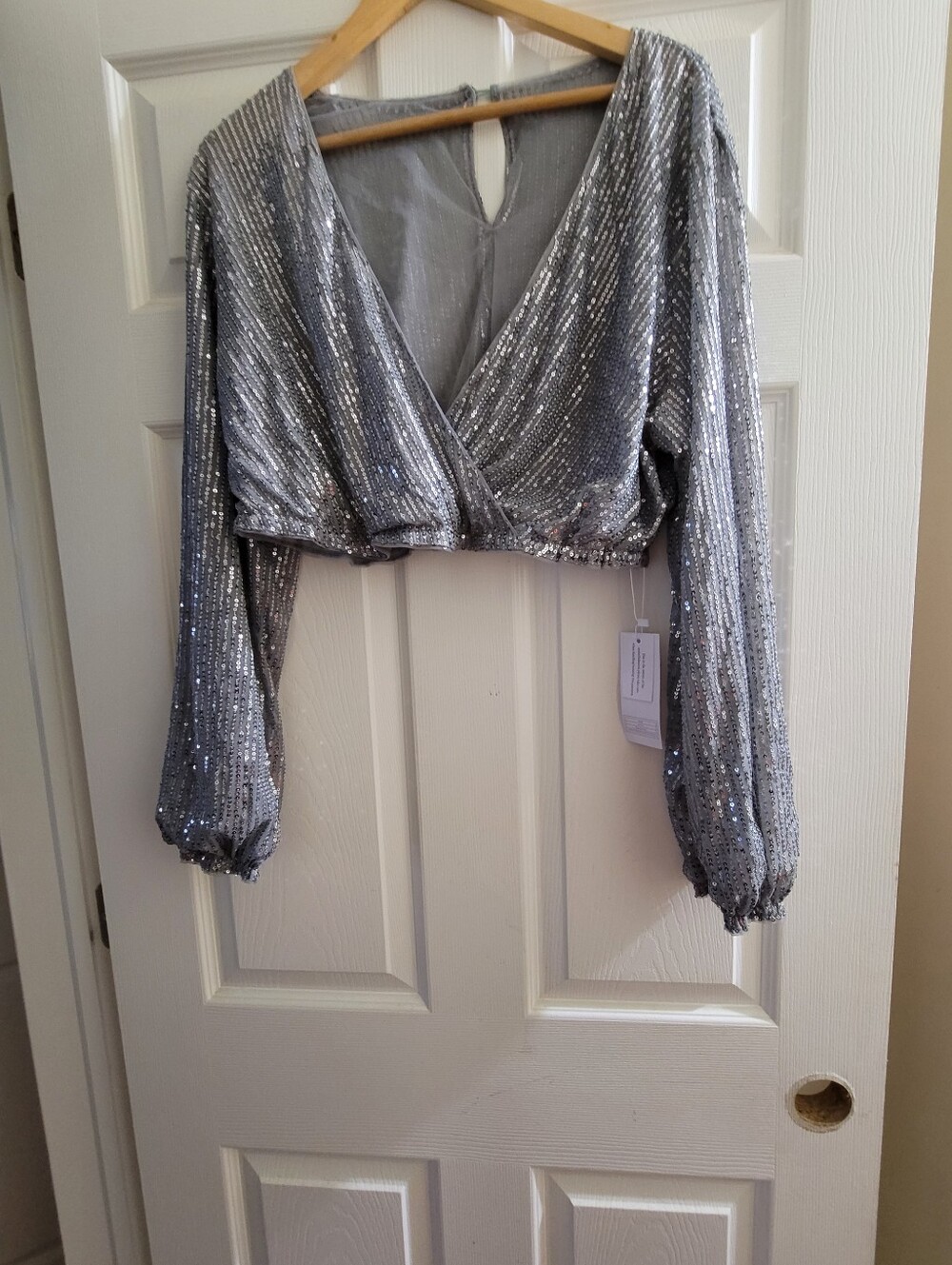 Silver Sequin V-Neck Long Sleeve Crop Top